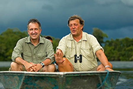 Mark and Stephen Fry while filming for Last Chance to See in the Amazon