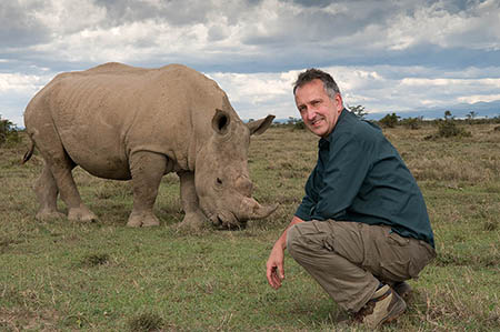 Mark meets Max the southern right rhino during the <br>making of Last Chance to See (Max was poached in 2011)