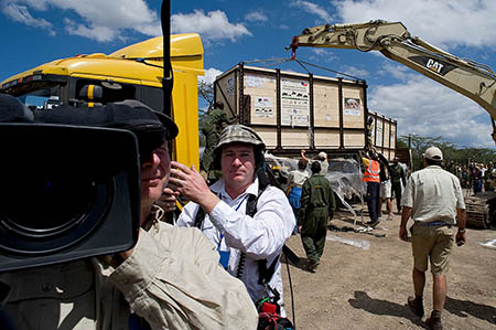 >Unloading a northern white rhino after its flight from Czech Republic to Ol Pejeta Conservancy, Kenya, in <em>Return of the Rhino: Last Chance to See Special</em>